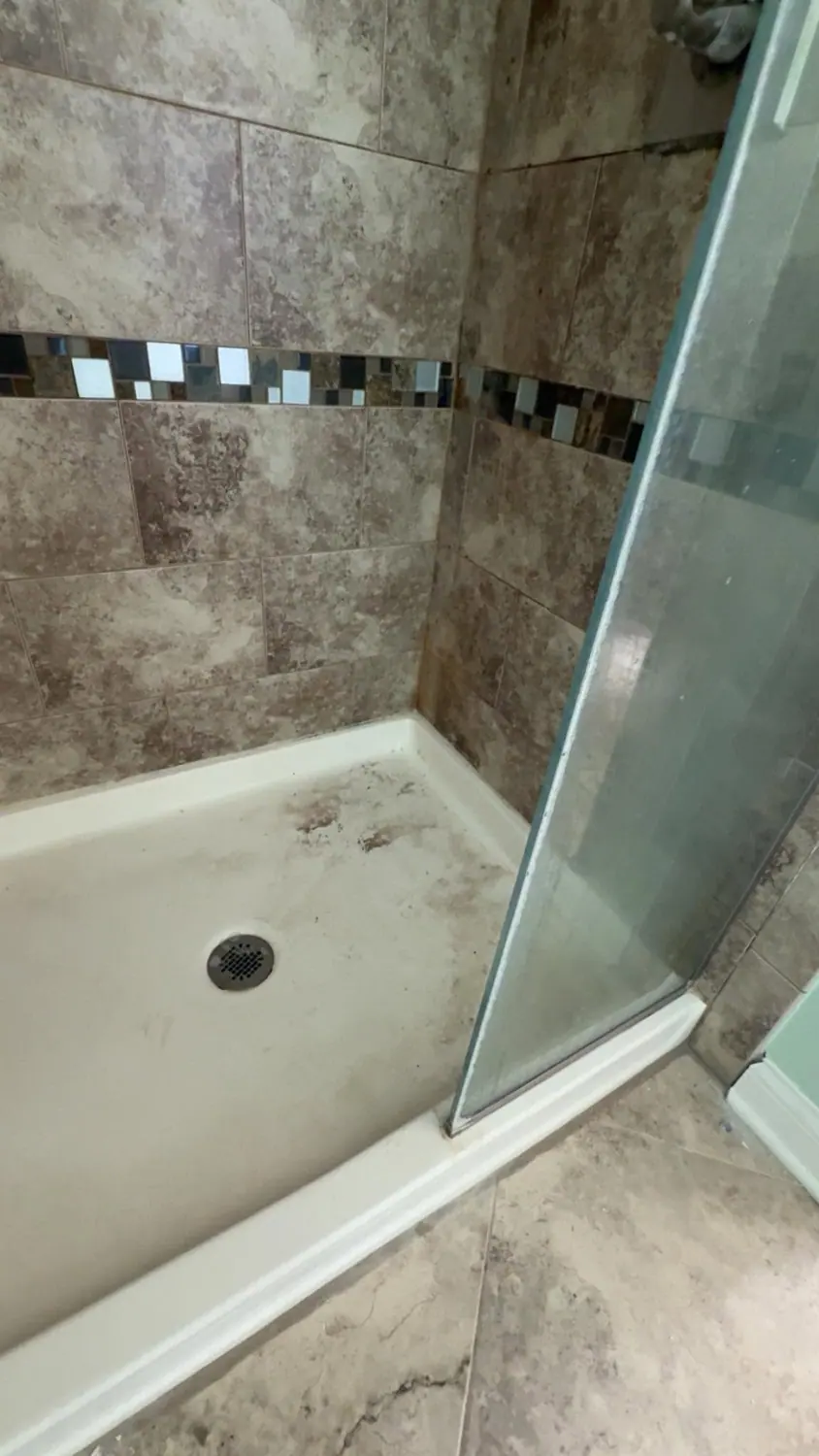 Shower pan and tile wall scrubbed and rinsed