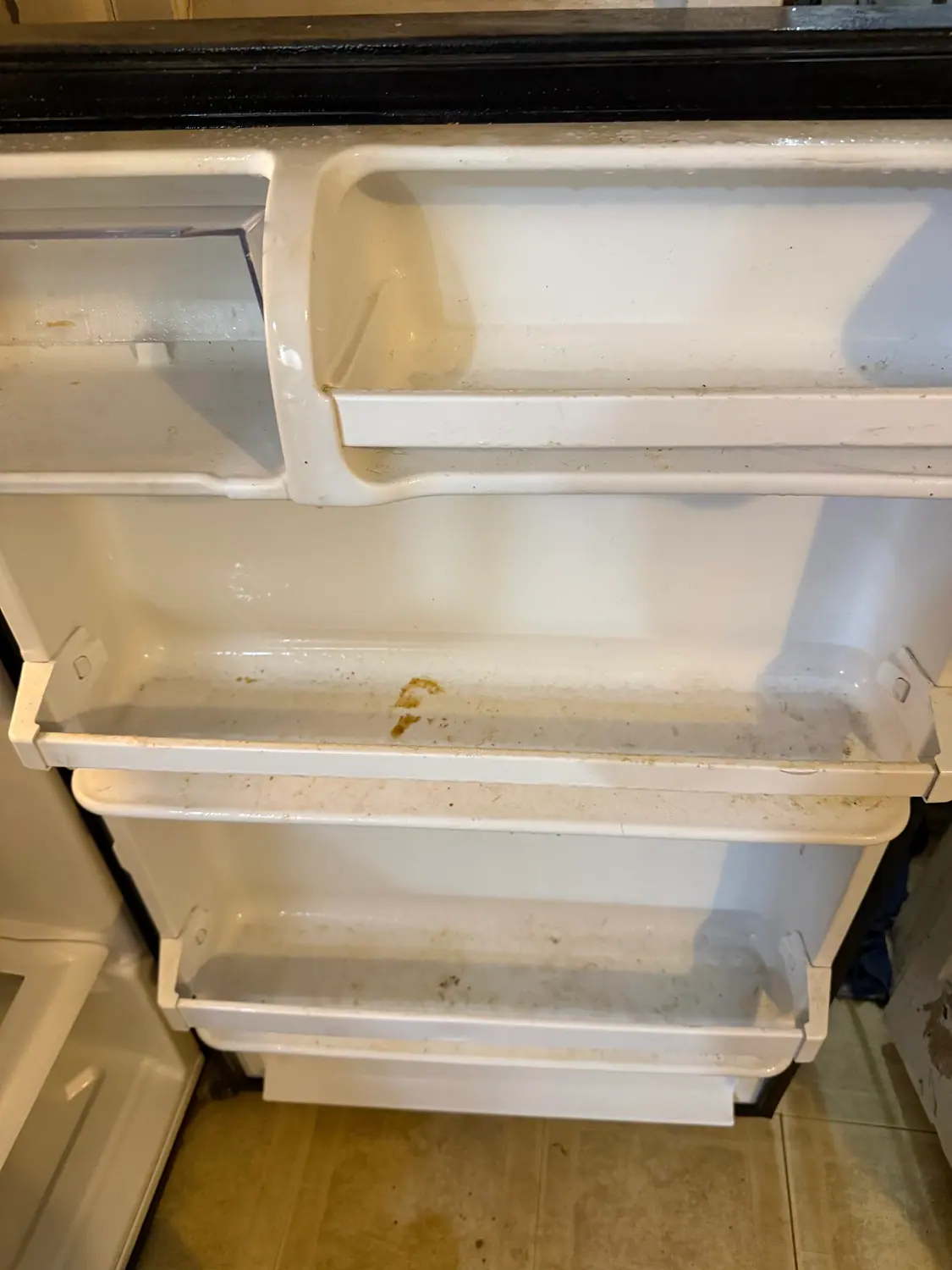 Refrigerator shelves before a deep clean