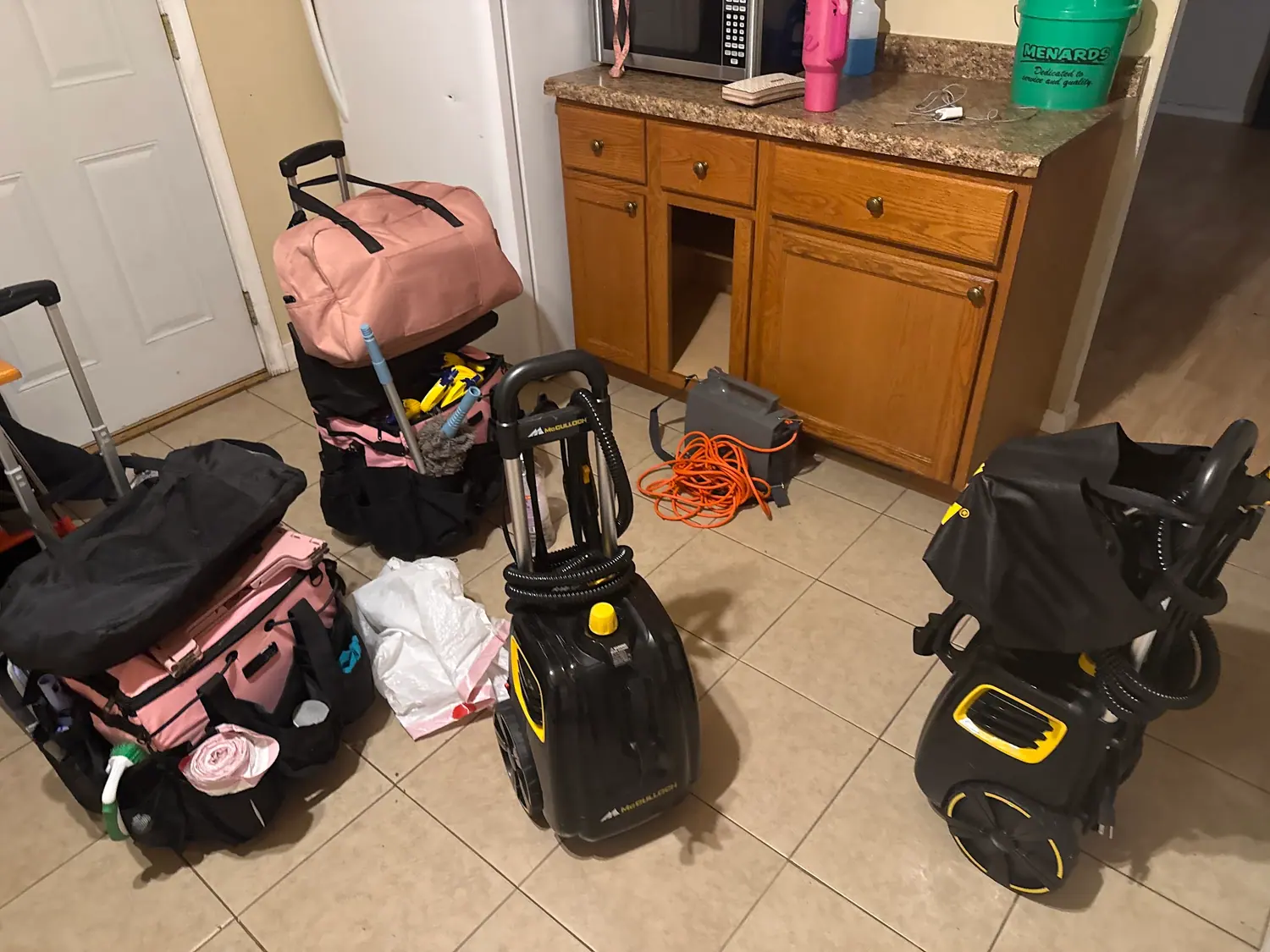 Cleaning equipment and supply bags ready for the day