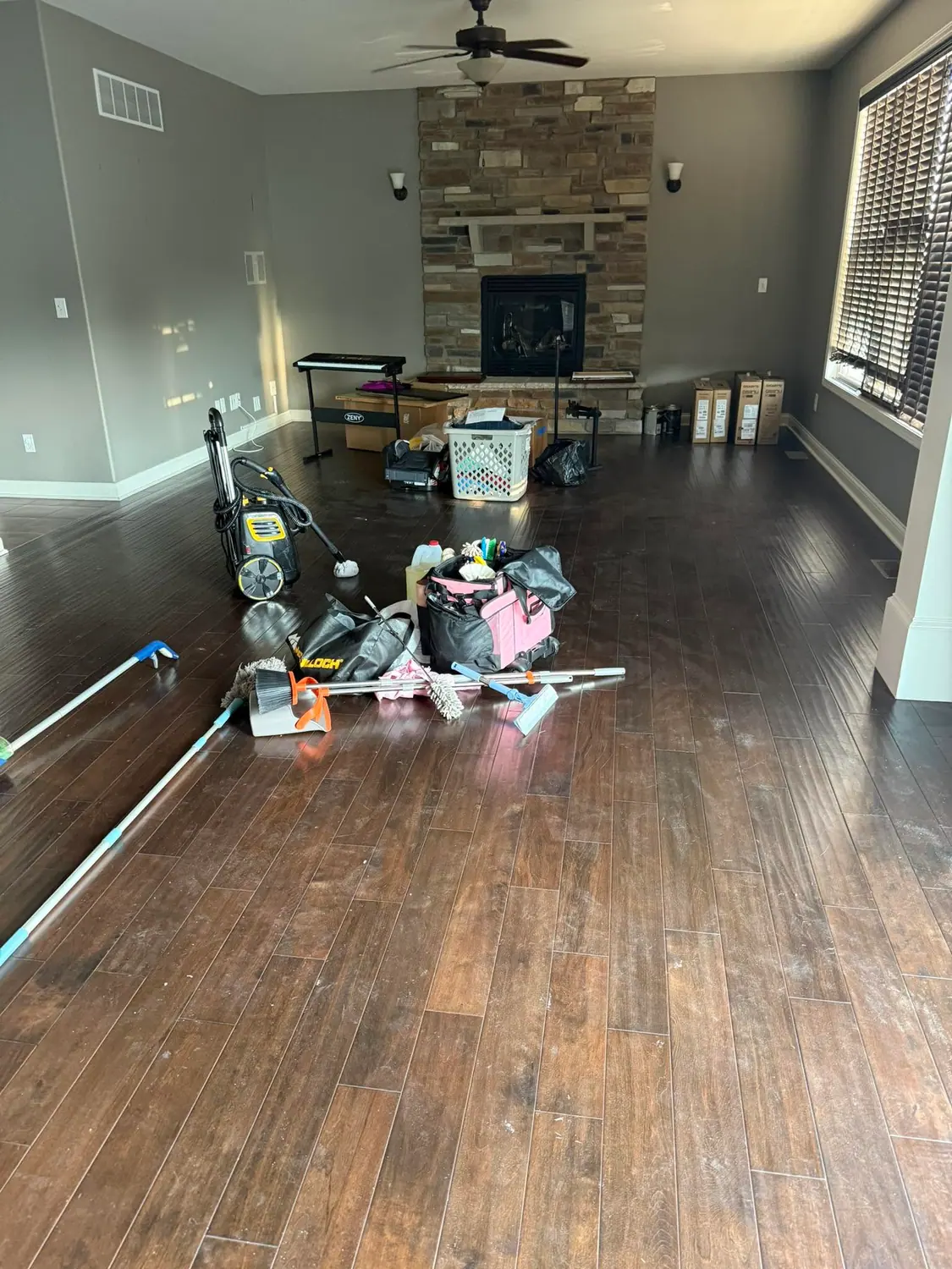 Cleaning supplies and vacuum set out in a hardwood living room