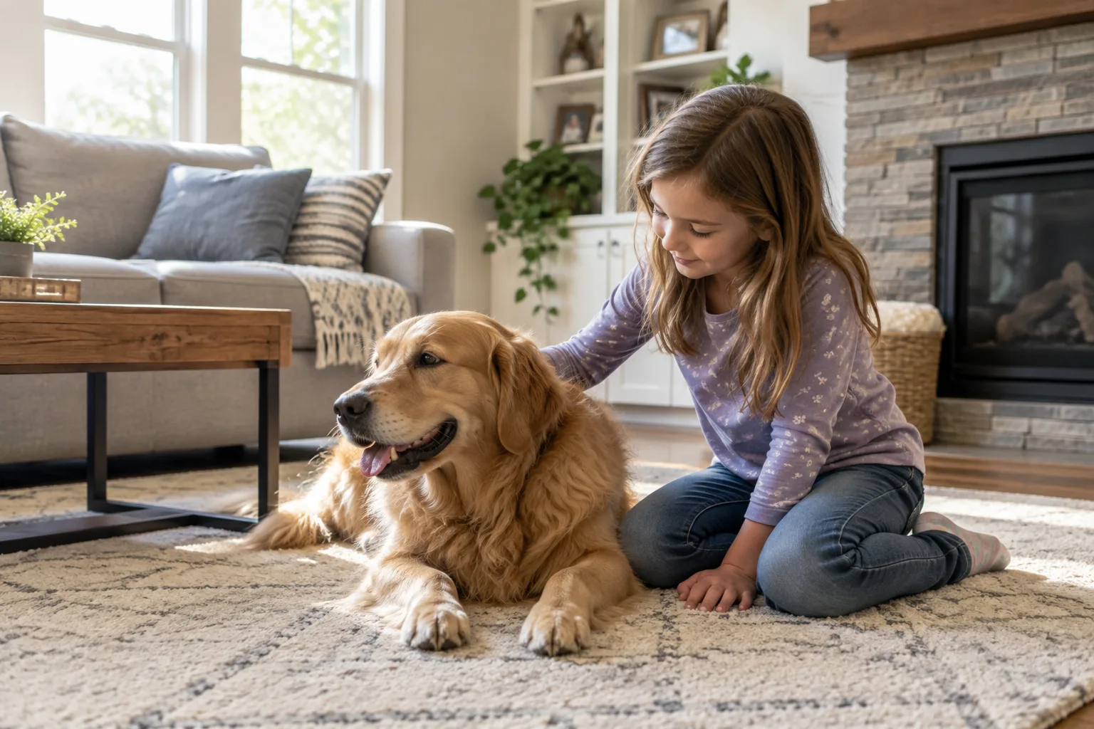 Child and family dog in a freshly cleaned living room