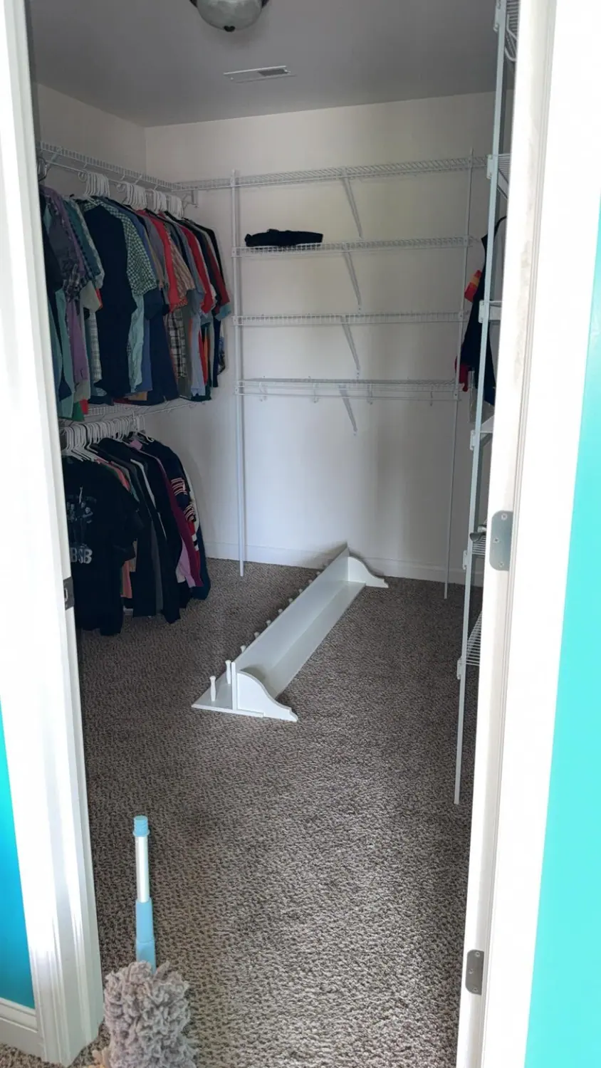 Closet shelving and carpet vacuumed and reset