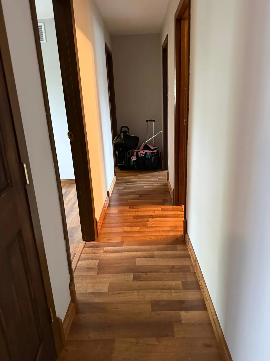 Hardwood hallway cleaned between freshly wiped doors