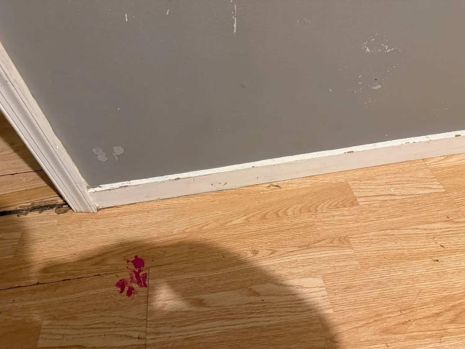 Hardwood floor cleaned along freshly wiped baseboards